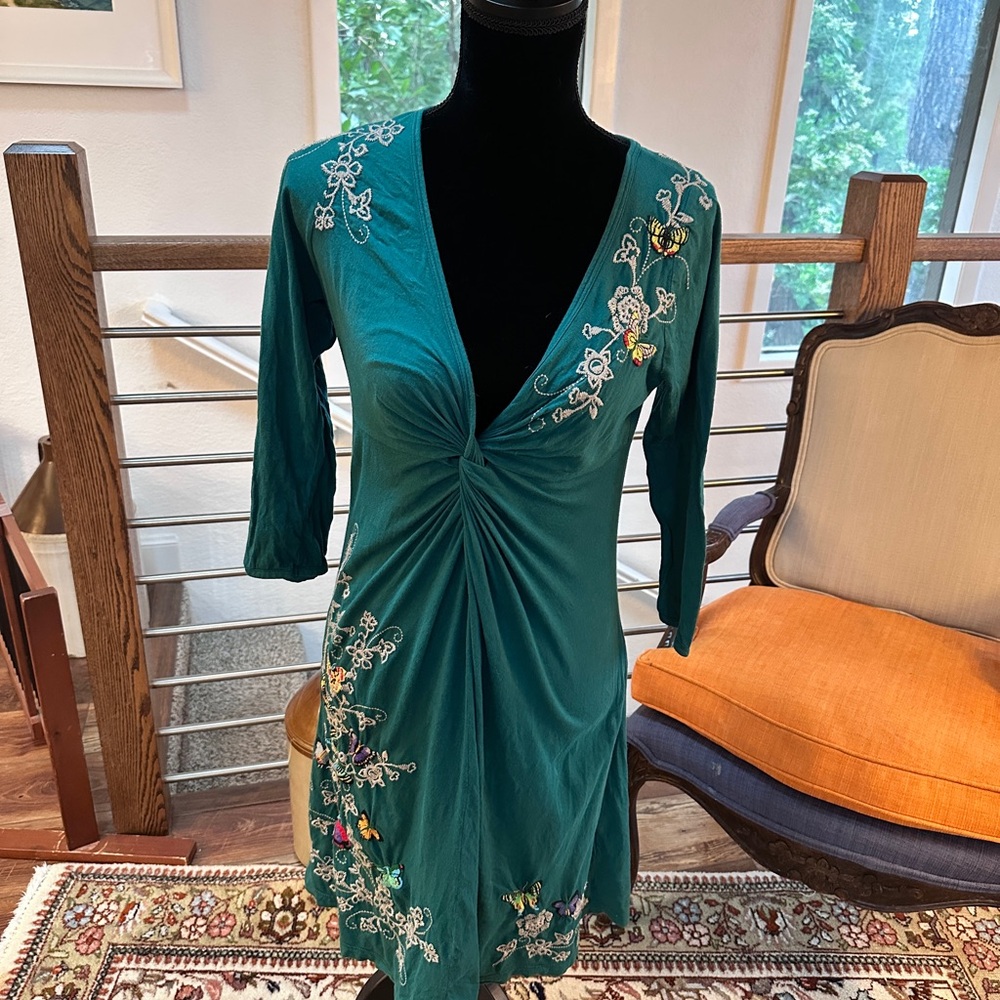 Johnny Was Teal Floral Embroidered Dress